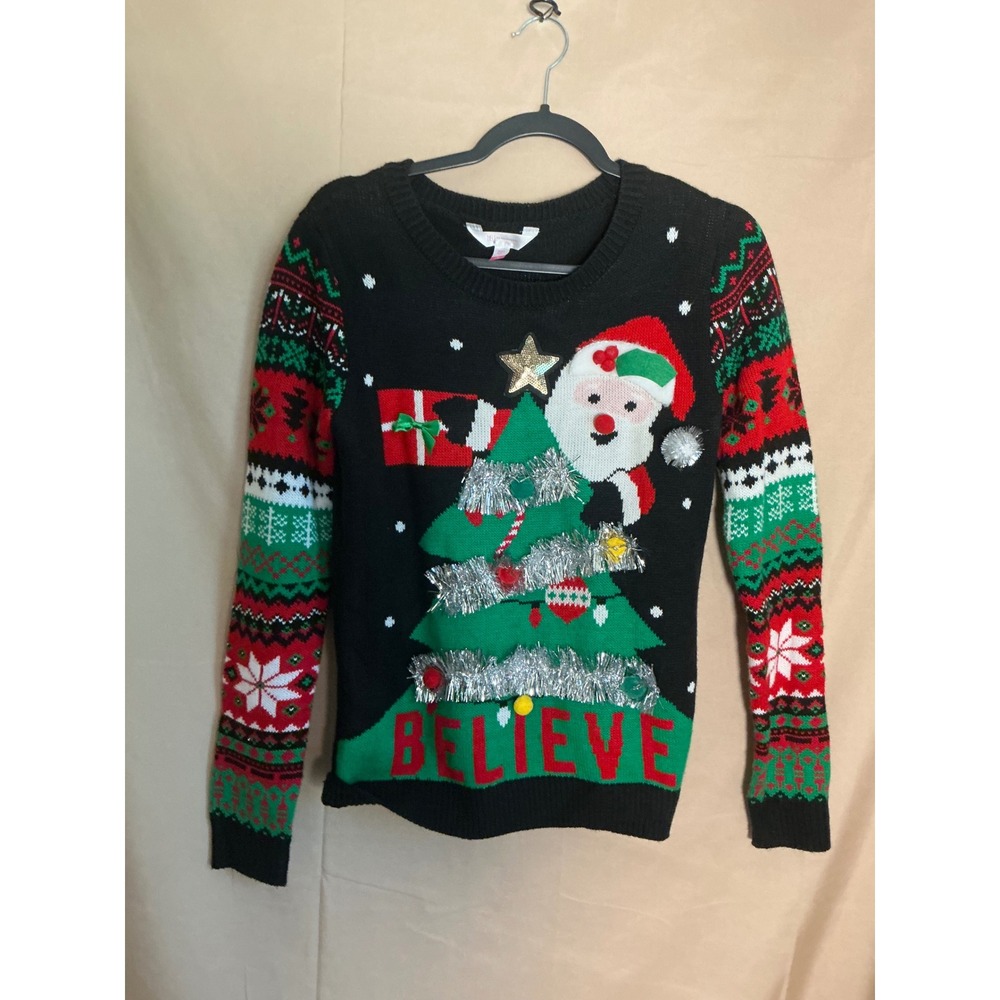 No Boundaries Christmas Sweater kids Medium Black Good Santa Believe Fair Isle
